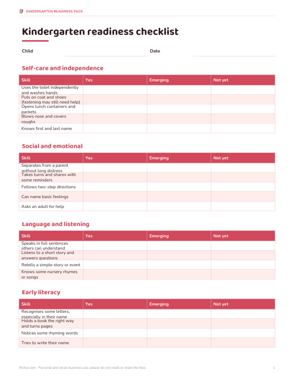 Preview of Kindergarten Readiness Checklist Printable